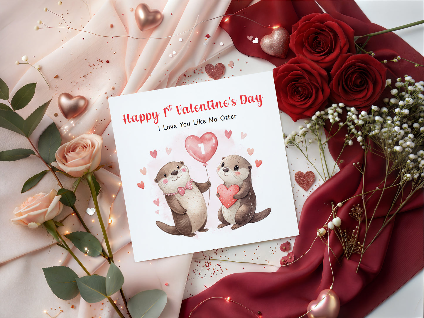 1st Valentine’s Day Card with Cute Otter Design - for Loved Ones, Wife, Husband, Boyfriend, Girlfriend, Partner etc - Cute Pun First Valentine's Day Card for Him or for Her - Red Envelope Included
