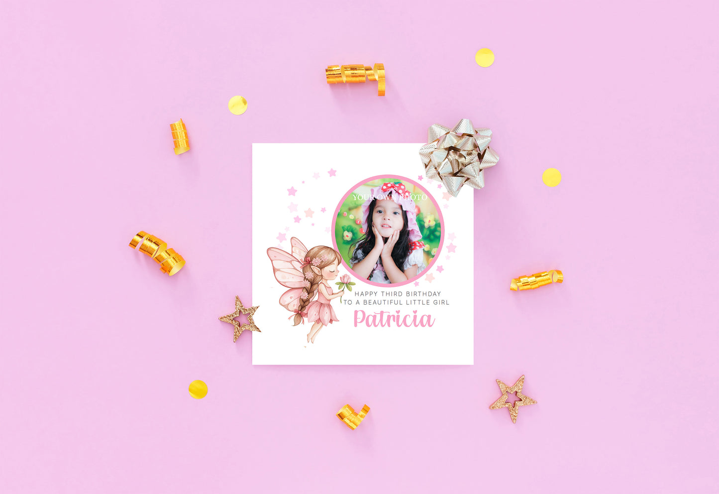 Personalised Photo 3 Years Old 3rd Birthday Card for Toddler Girl – Pink Fairy Design with Custom Photo & Name - Age 3 Year Old Birthday Card for Daughter, Granddaughter, Niece with Pink Envelope
