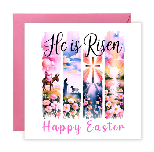 Christian Happy Easter Card – He Is Risen - Religious Easter Card with Cross and Sunrise Design– Faith Easter Greeting Card for Church, Christians, Friends, Family, Loved Ones - Pink Envelope Included