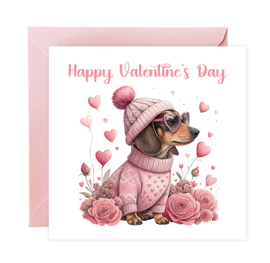 Cute Sausage Dog Valentine’s Day Card  – Sweet Dachshund Design for Dog Lovers, Pet Owners, Wife, Husband, Boyfriend, Girlfriend, Fiance, Fiancee - for Him or Her - Pink Envelope Included