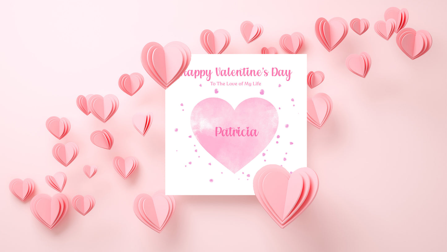 Personalised Happy Valentine’s Day Card with Elegant Pink Heart Design for Loved Ones, Wife,  Girlfriend, Fiancee, Partner - with Custom Name & Message just for Her - Pink Envelope Included