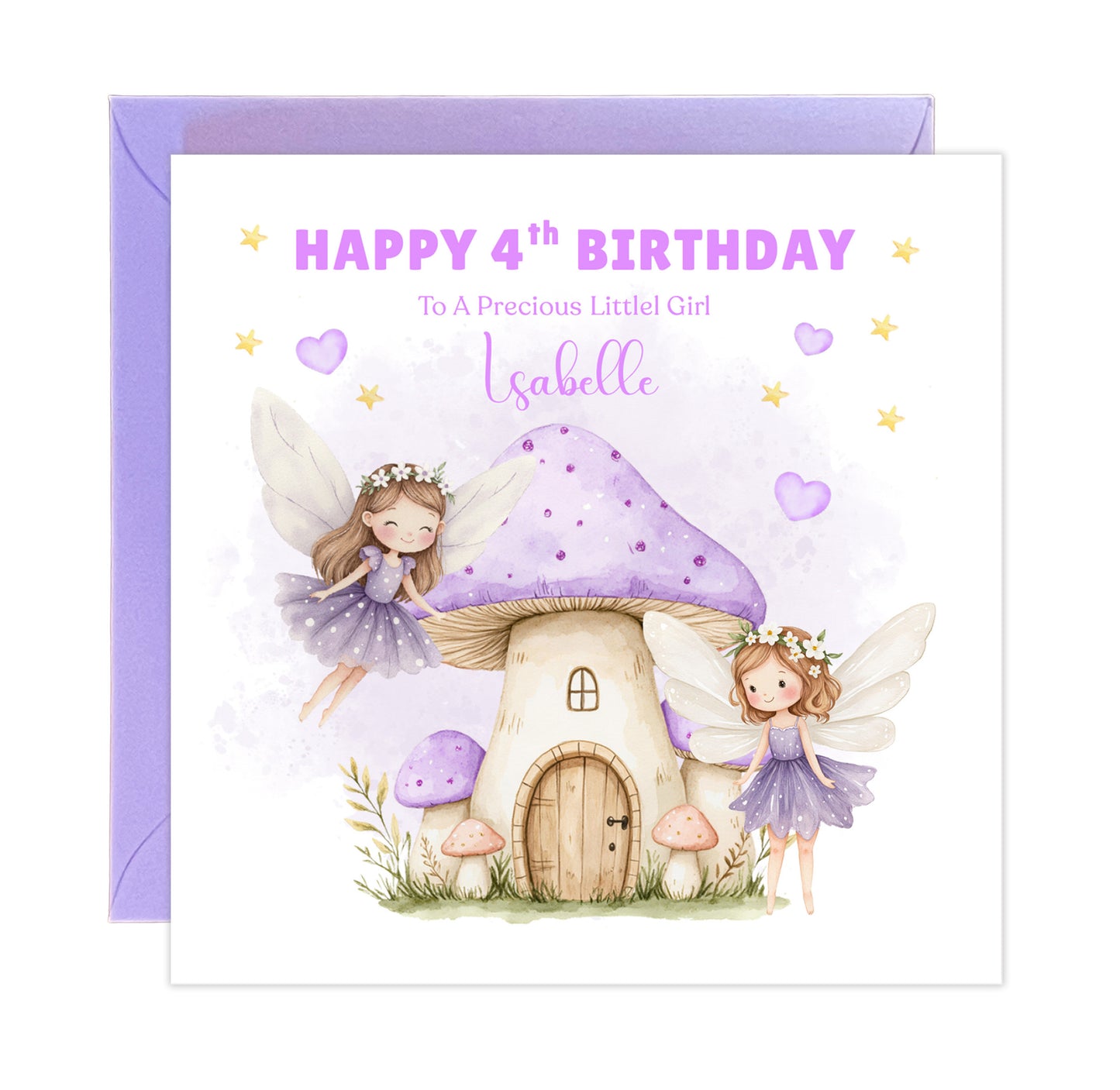 Personalised 4th Birthday Card for Girls – Fairy Design with Custom Name and Message – Age 4 Years Old Birthday Card for Girls, Kids, Daughter, Granddaughter, Niece – Purple Envelope Included