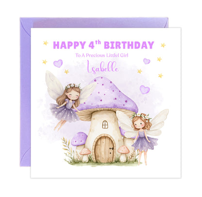 Personalised 4th Birthday Card for Girls – Fairy Design with Custom Name and Message – Age 4 Years Old Birthday Card for Girls, Kids, Daughter, Granddaughter, Niece – Purple Envelope Included