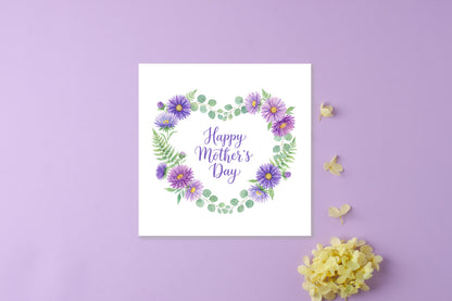Purple Floral Wreath Happy Mother’s Day Card with Elegant "Happy Mother’s Day" Message for Mother, Mother To Be, Step-Mum, Grandma, Wife from Son or Daughter - Purple Envelope Included