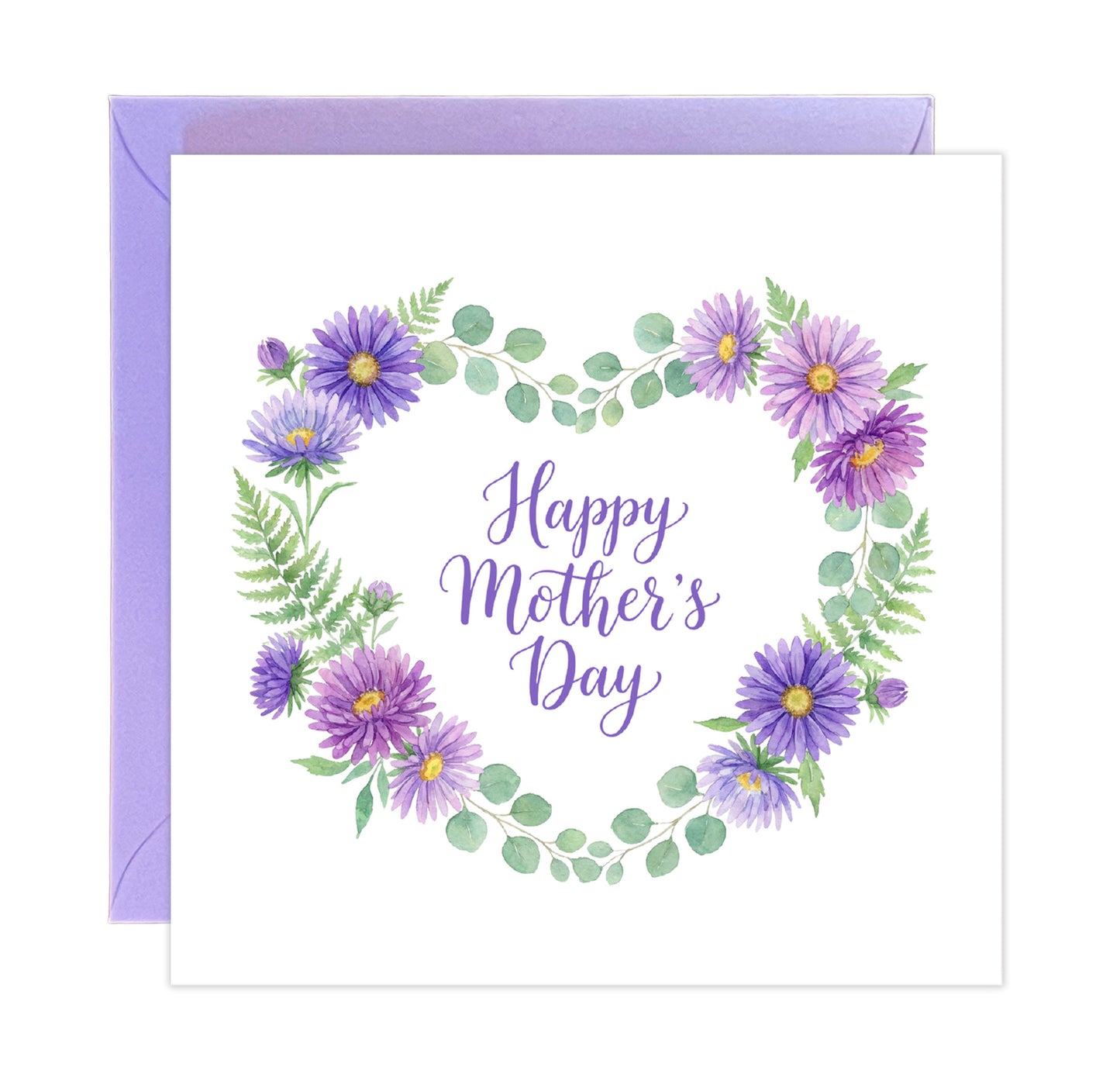 Purple Floral Wreath Happy Mother’s Day Card with Elegant "Happy Mother’s Day" Message for Mother, Mother To Be, Step-Mum, Grandma, Wife from Son or Daughter - Purple Envelope Included