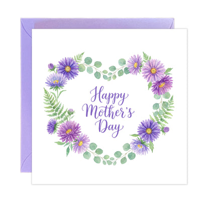 Purple Floral Wreath Happy Mother’s Day Card with Elegant "Happy Mother’s Day" Message for Mother, Mother To Be, Step-Mum, Grandma, Wife from Son or Daughter - Purple Envelope Included