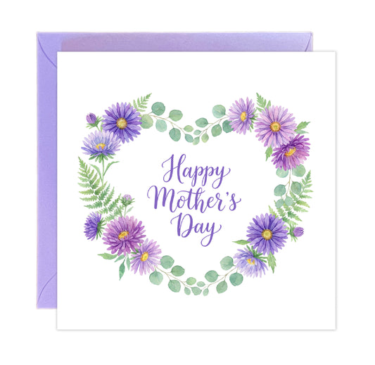 Purple Floral Wreath Happy Mother’s Day Card with Elegant "Happy Mother’s Day" Message for Mother, Mother To Be, Step-Mum, Grandma, Wife from Son or Daughter - Purple Envelope Included