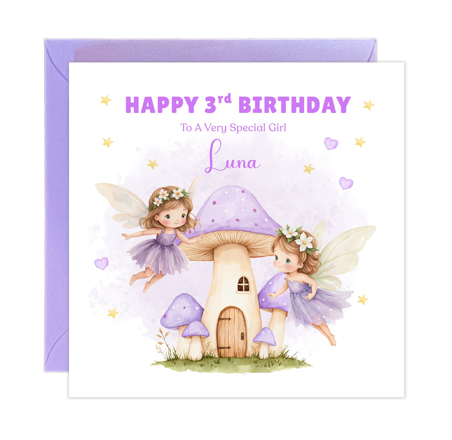 Personalised 3 Years Old 3rd Birthday Card for Toddler Girl – Purple Fairy Design with Custom Name & Message - Age 3 Year Old Birthday Card for Girls, Daughter, Granddaughter, Niece with Purple Envelope