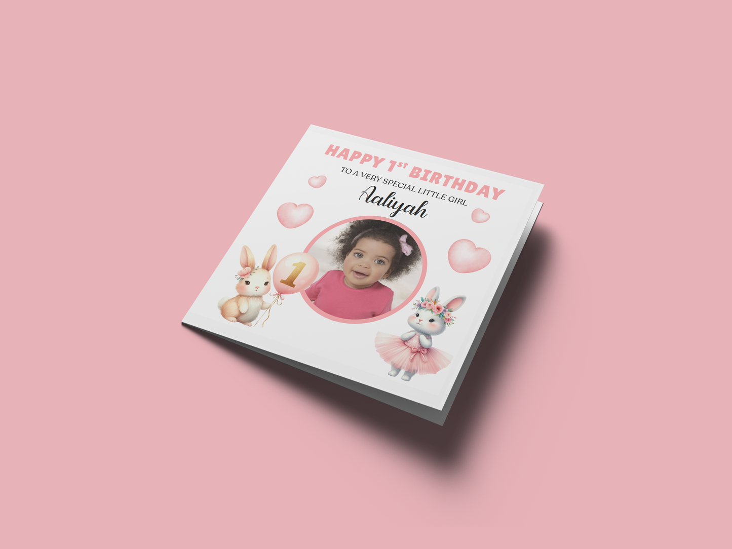 Personalised Photo 1st Birthday Card for Baby Girl – Cute Rabbit Design with Custom Photo, Name and Message– One Year Old First Birthday Card for Daughter,Granddaughter, Niece – Pink Envelope Included