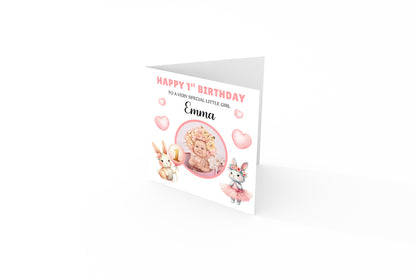Personalised Photo 1st Birthday Card for Baby Girl – Cute Rabbit Design with Custom Photo, Name and Message– One Year Old First Birthday Card for Daughter,Granddaughter, Niece – Pink Envelope Included
