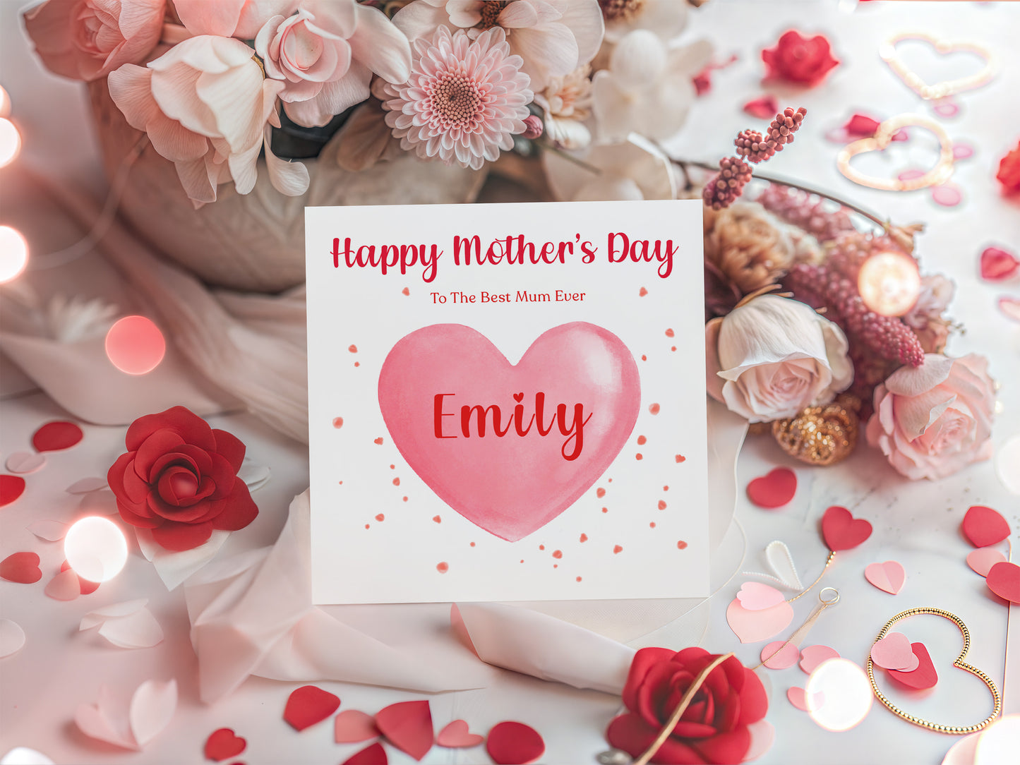 Personalised Happy Mother's Day Card for Her, Mummy, Mama, Mum, Mother to be, Mum to be, Grandma, Wife - Red Heart Design - from Son, Daughter and Kids – Custom Name & Message  - Red Envelope Included