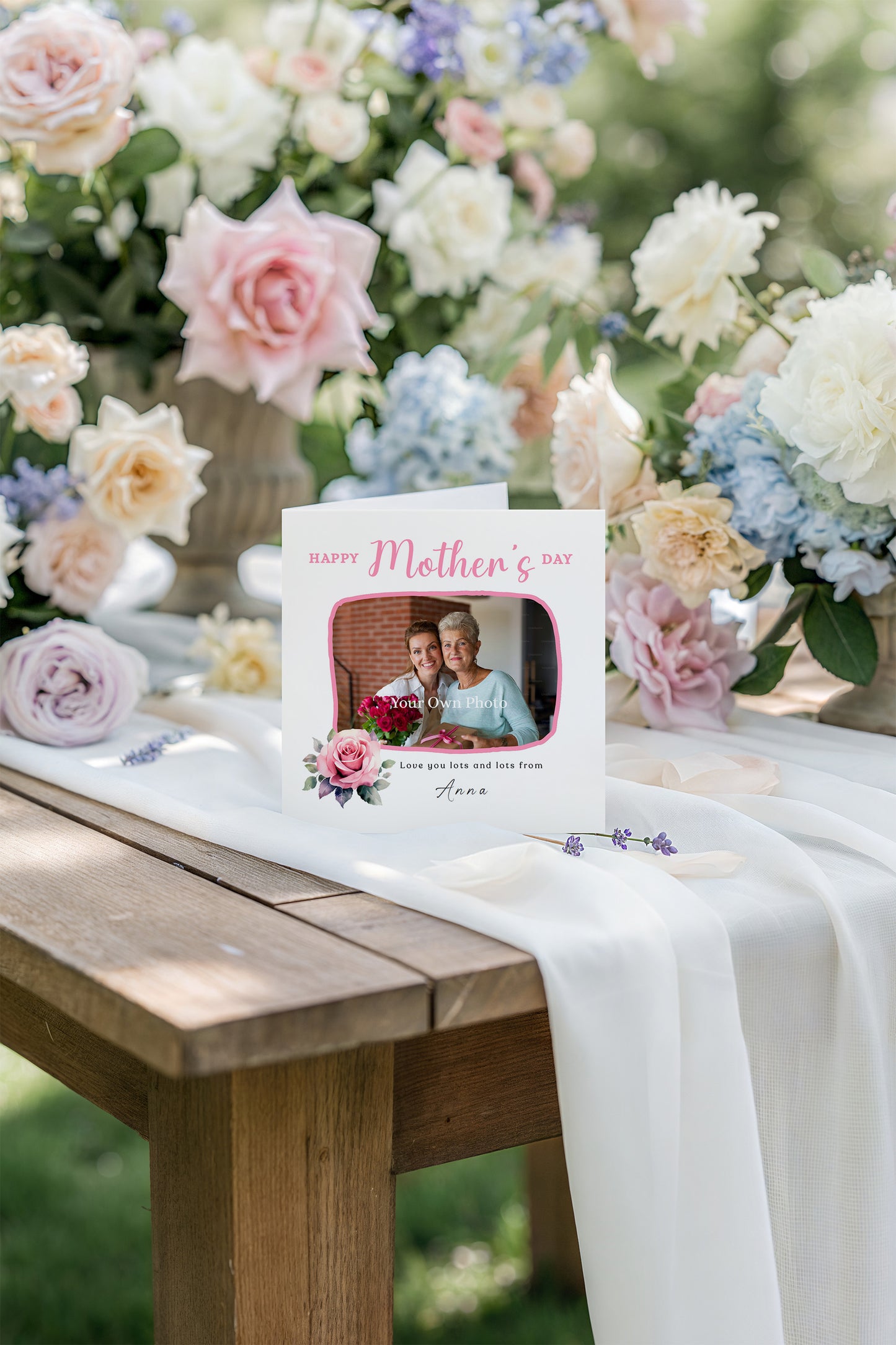 Personalised Photo Happy Mother's Day Card for Her, Mummy, Mama, Mum, Mother to be, Mum to be from Children, Son & Daughter  – Pink Rose Design - Custom Name, Message & Photo -Pink Envelope Included