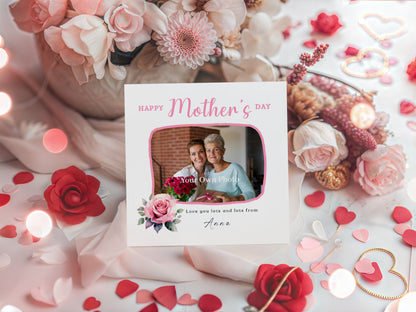 Personalised Photo Happy Mother's Day Card for Her, Mummy, Mama, Mum, Mother to be, Mum to be from Children, Son & Daughter  – Pink Rose Design - Custom Name, Message & Photo -Pink Envelope Included