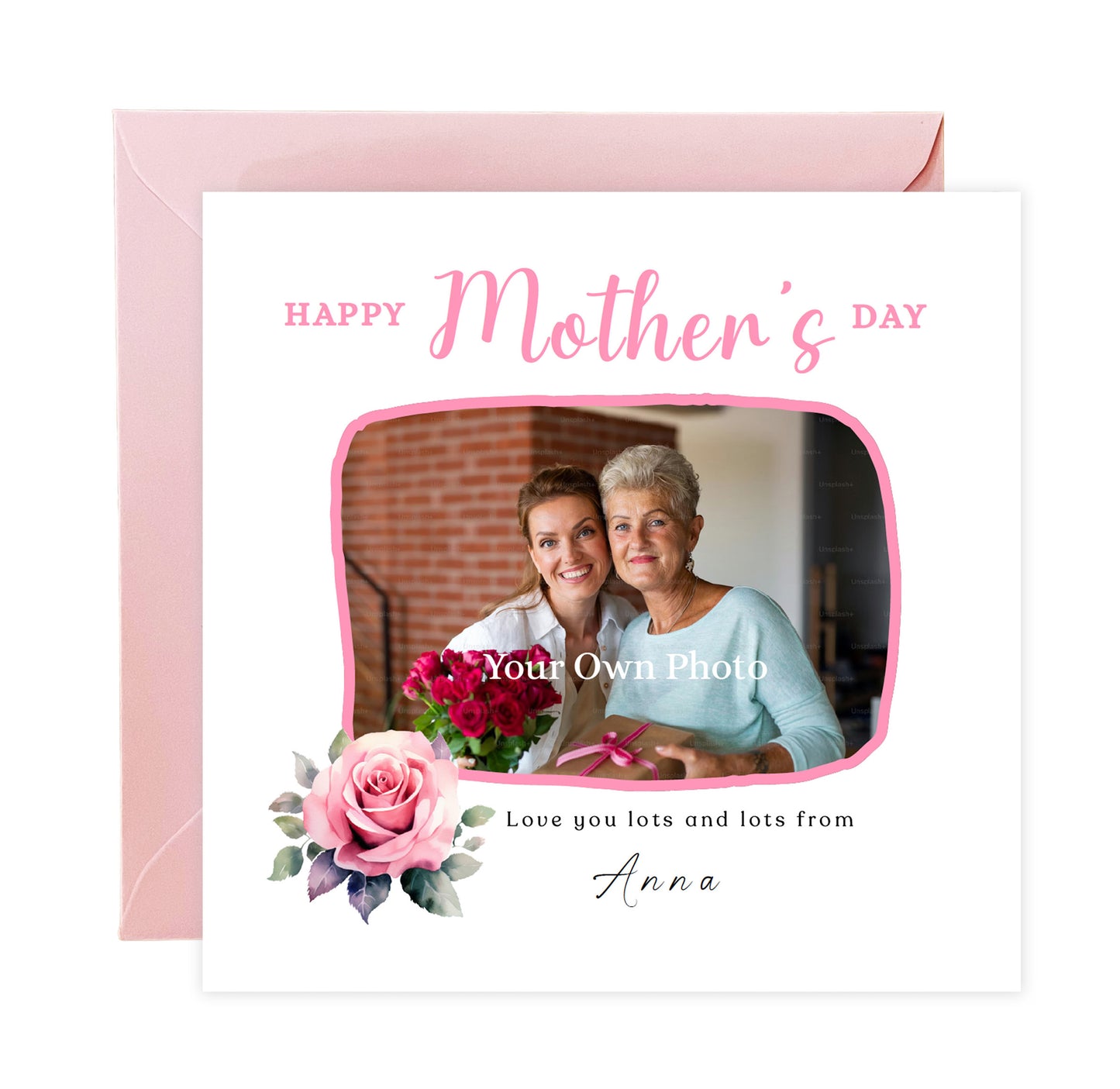 Personalised Photo Happy Mother's Day Card for Her, Mummy, Mama, Mum, Mother to be, Mum to be from Children, Son & Daughter  – Pink Rose Design - Custom Name, Message & Photo -Pink Envelope Included