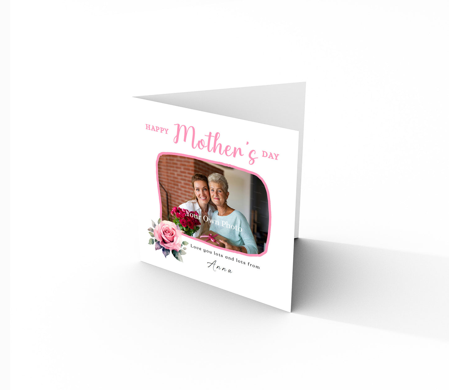 Personalised Photo Happy Mother's Day Card for Her, Mummy, Mama, Mum, Mother to be, Mum to be from Children, Son & Daughter  – Pink Rose Design - Custom Name, Message & Photo -Pink Envelope Included