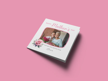 Personalised Photo Happy Mother's Day Card for Her, Mummy, Mama, Mum, Mother to be, Mum to be from Children, Son & Daughter  – Pink Rose Design - Custom Name, Message & Photo -Pink Envelope Included