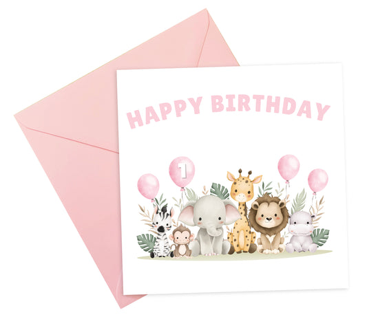 Safari Jungle Animals Happy Birthday Card, one Balloon contains the Birthday Age from 1 to 10 -Birthday Card for Baby Girl, Daughter, Granddaughter, Niece, Children's Birthday Card – Pink Envelope Included