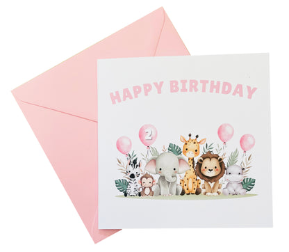 Safari Jungle Animals Happy Birthday Card, one Balloon contains the Birthday Age from 1 to 10 -Birthday Card for Baby Girl, Daughter, Granddaughter, Niece, Children's Birthday Card – Pink Envelope Included
