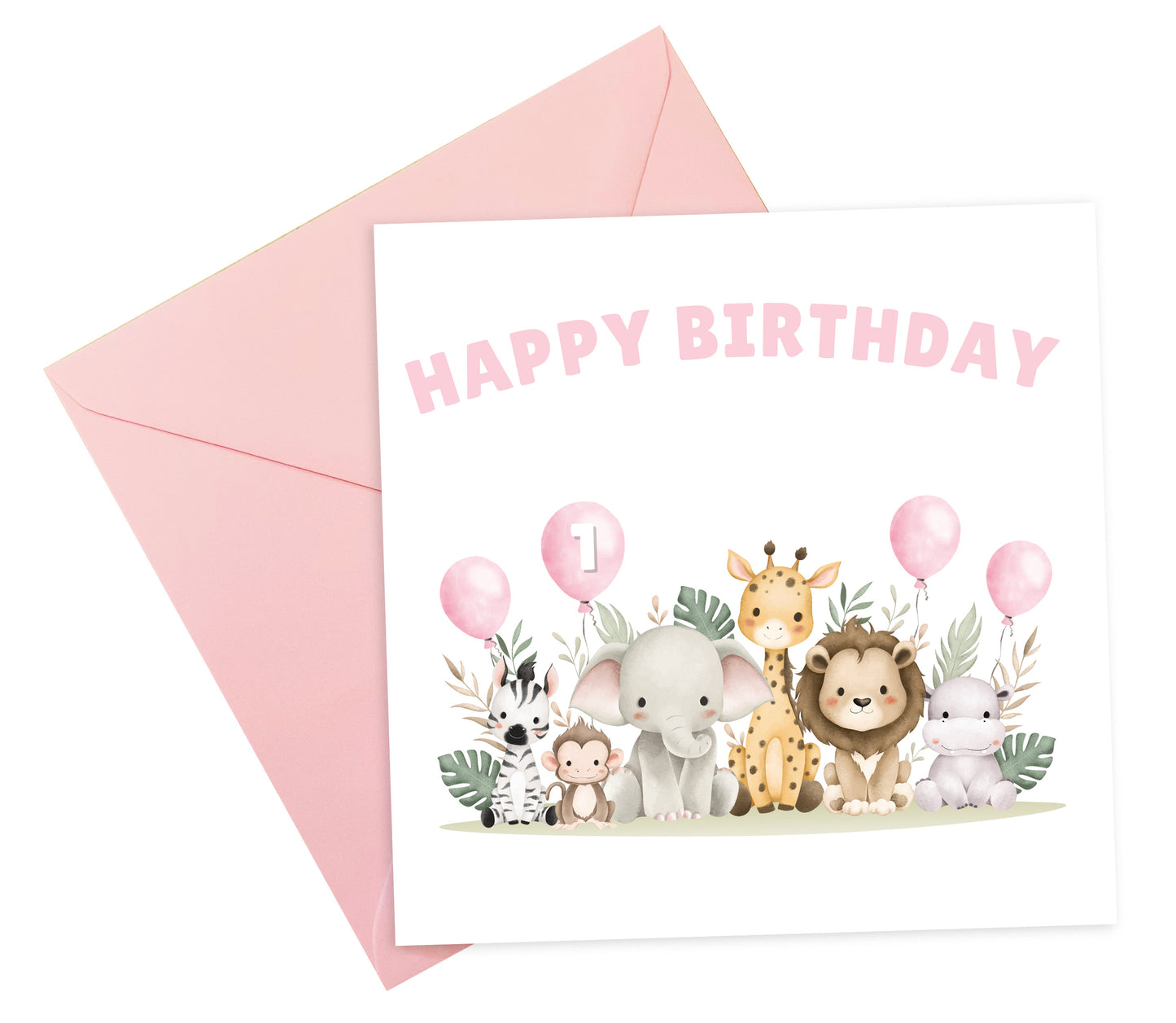 Safari Jungle Animals Happy Birthday Card, one Balloon contains the Birthday Age from 1 to 10 -Birthday Card for Baby Girl, Daughter, Granddaughter, Niece, Children's Birthday Card – Pink Envelope Included