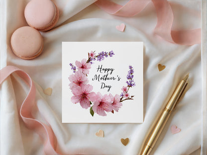 Elegant Sakura Happy Mother’s Day Card with Cherry Blossom & Lavenders for Mother, Mother To Be, Step-Mum, Grandma, Wife from Son or Daughter - Pink Envelope Included