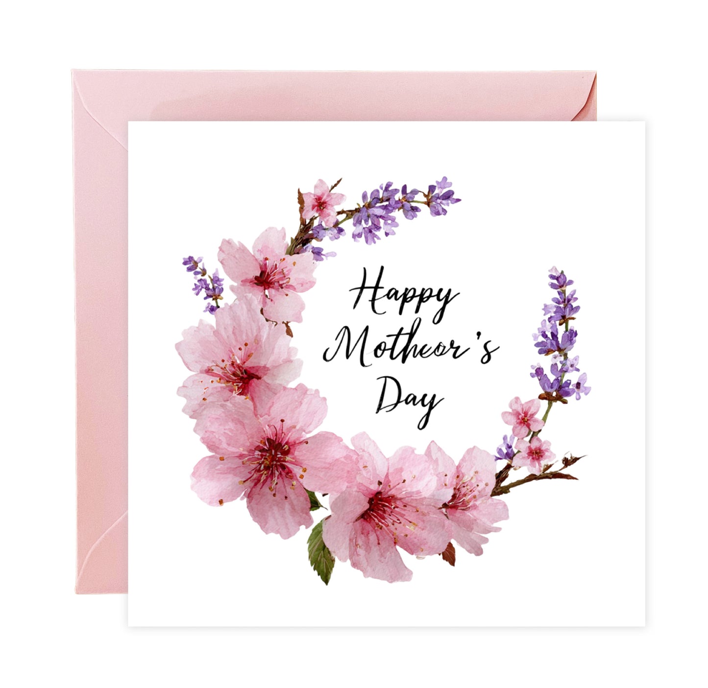 Elegant Sakura Happy Mother’s Day Card with Cherry Blossom & Lavenders for Mother, Mother To Be, Step-Mum, Grandma, Wife from Son or Daughter - Pink Envelope Included