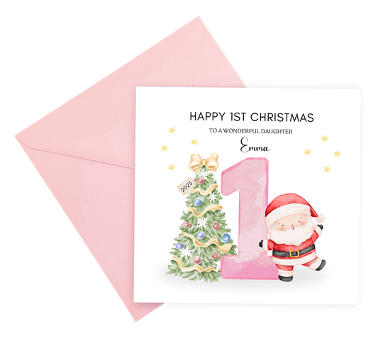 Personalised 1st Christmas Card for Baby Girl– Cute Santa and Xmas Tree Design with Customised Name and Message, Watercolor First Xmas Card for Daughter, GrandDaughter, Niece - Pink Envelope Included
