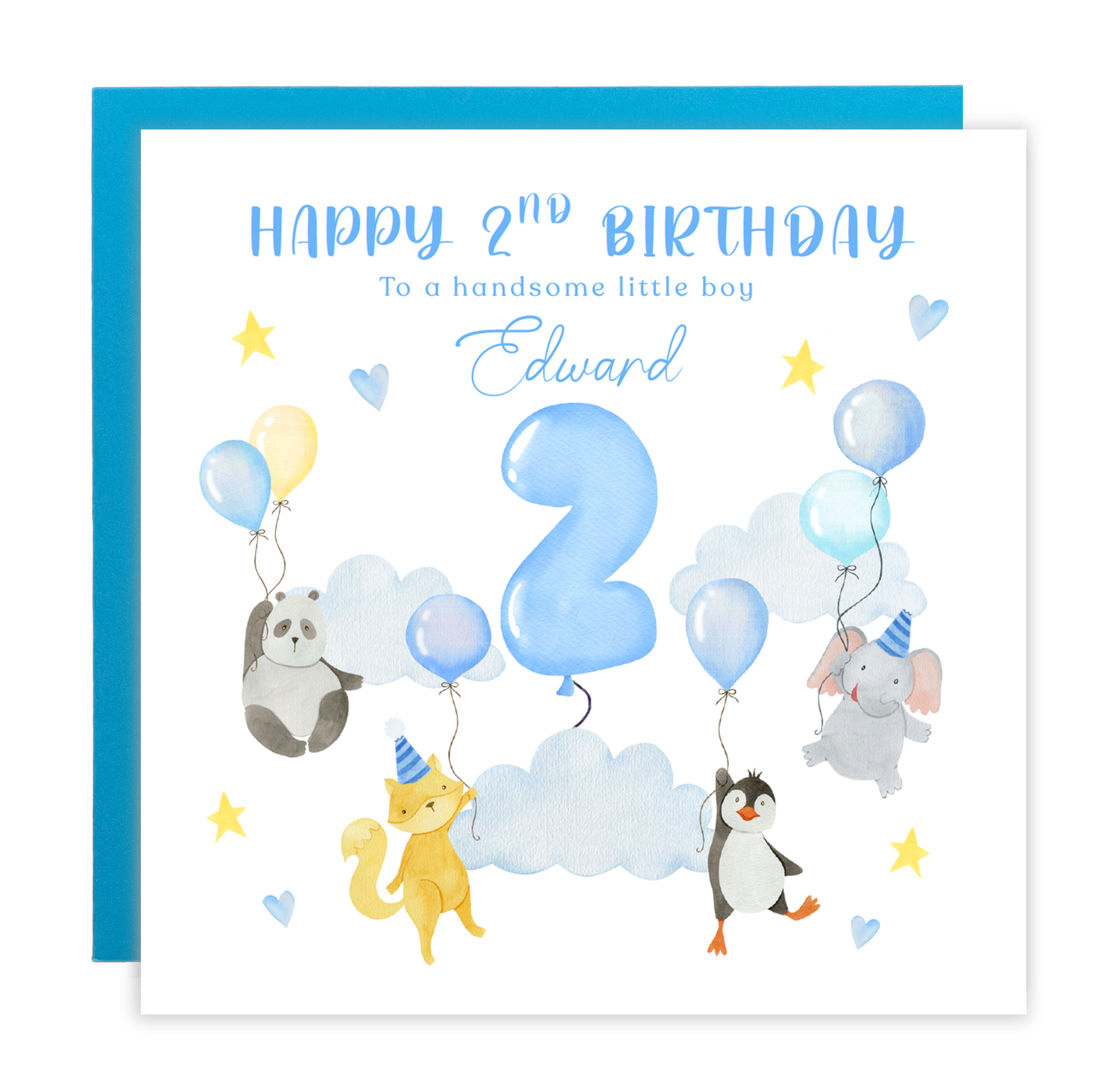 Personalised 2 Years Old 2nd Birthday Card for Toddler Boy - Sky Animal Design with Custom Name & Message - Age 2 Two years Old Birthday Card for Son, Grandson Nephew with Blue Envelope