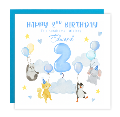 Personalised 2 Years Old 2nd Birthday Card for Toddler Boy - Sky Animal Design with Custom Name & Message - Age 2 Two years Old Birthday Card for Son, Grandson Nephew with Blue Envelope