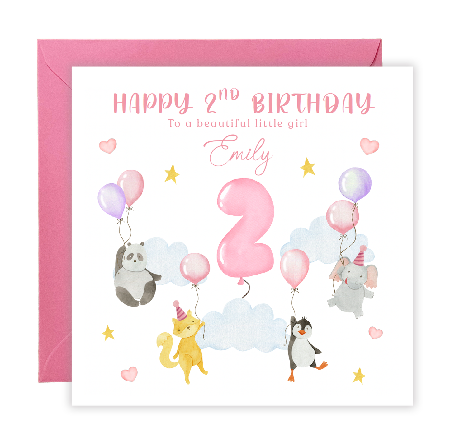 Personalised 2 Years Old 2nd Birthday Card for Toddler Girl - Sky Animals Design with Custom Name & Message - Age 2 Two years old Birthday Card for Daughter, Granddaughter, Niece with Pink Envelope