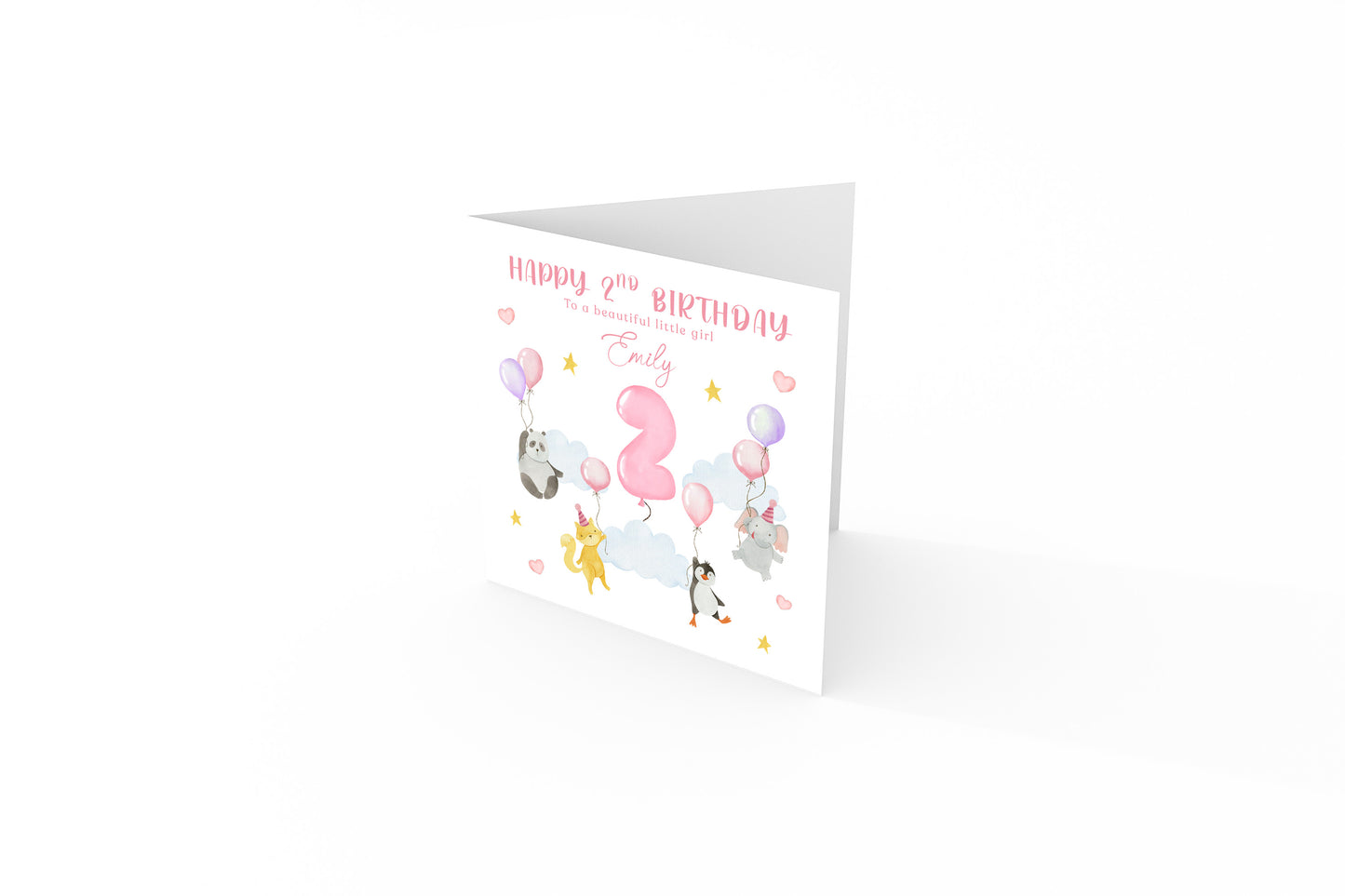 Personalised 2 Years Old 2nd Birthday Card for Toddler Girl - Sky Animals Design with Custom Name & Message - Age 2 Two years old Birthday Card for Daughter, Granddaughter, Niece with Pink Envelope