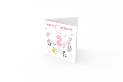 Personalised 2 Years Old 2nd Birthday Card for Toddler Girl - Sky Animals Design with Custom Name & Message - Age 2 Two years old Birthday Card for Daughter, Granddaughter, Niece with Pink Envelope