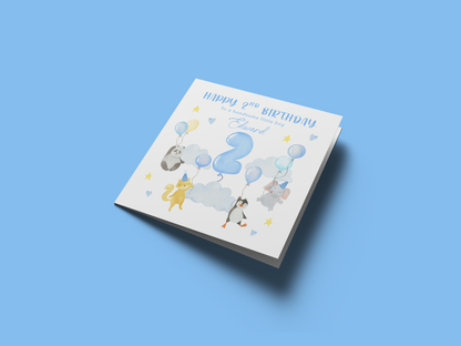 Personalised 2 Years Old 2nd Birthday Card for Toddler Boy - Sky Animal Design with Custom Name & Message - Age 2 Two years Old Birthday Card for Son, Grandson Nephew with Blue Envelope