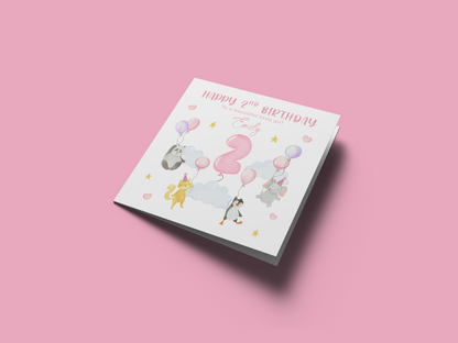 Personalised 2 Years Old 2nd Birthday Card for Toddler Girl - Sky Animals Design with Custom Name & Message - Age 2 Two years old Birthday Card for Daughter, Granddaughter, Niece with Pink Envelope