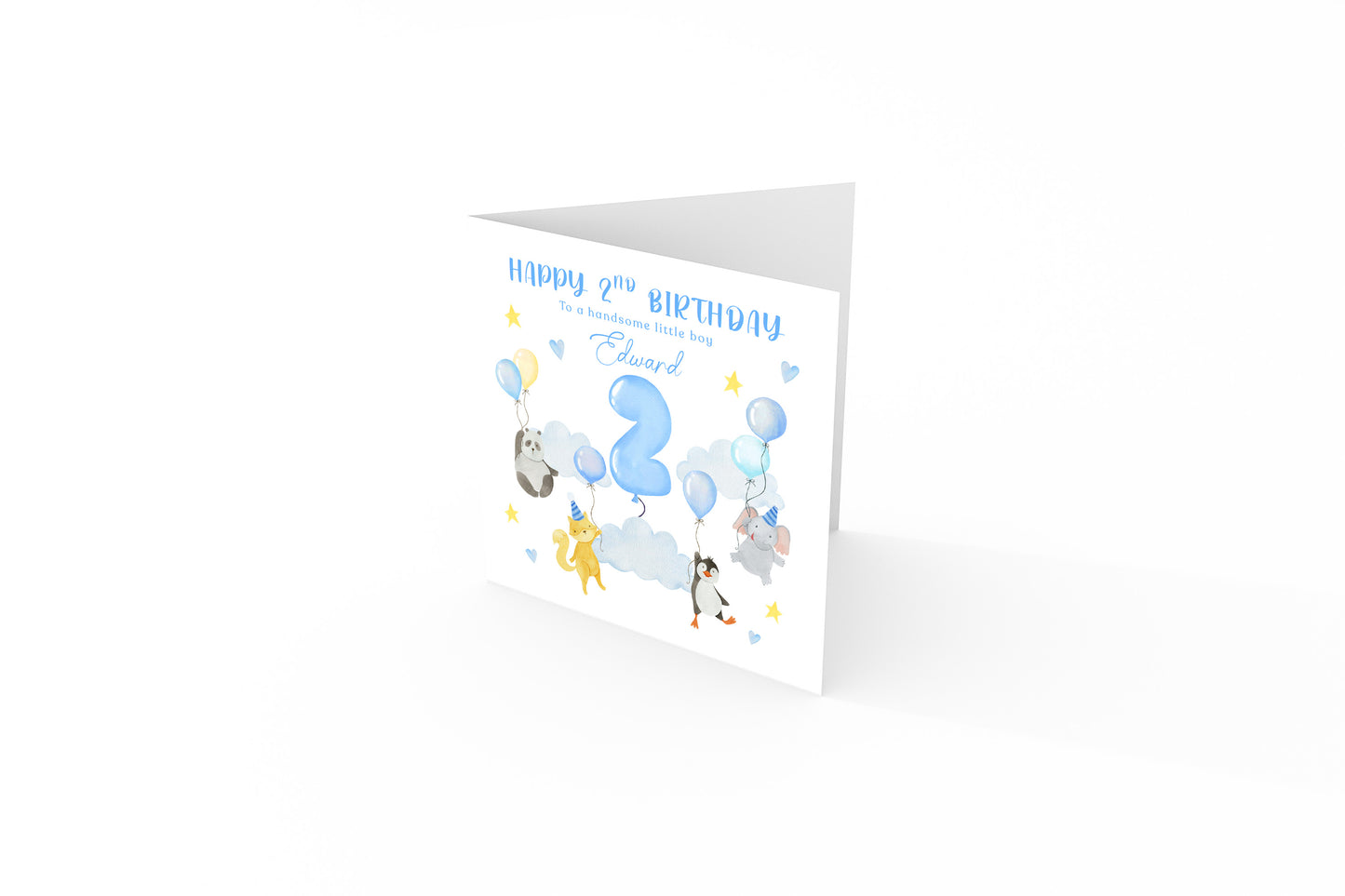 Personalised 2 Years Old 2nd Birthday Card for Toddler Boy - Sky Animal Design with Custom Name & Message - Age 2 Two years Old Birthday Card for Son, Grandson Nephew with Blue Envelope