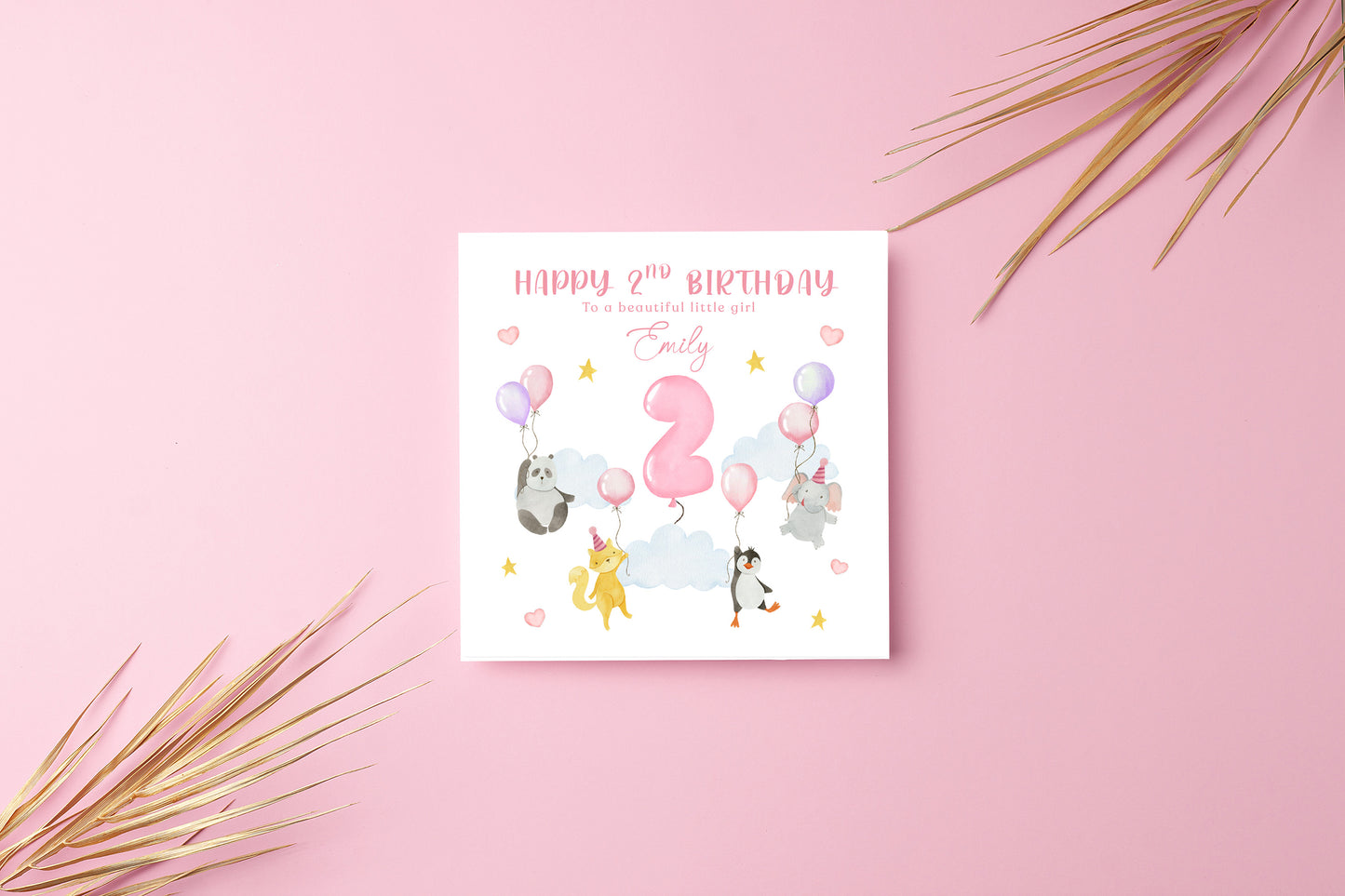 Personalised 2 Years Old 2nd Birthday Card for Toddler Girl - Sky Animals Design with Custom Name & Message - Age 2 Two years old Birthday Card for Daughter, Granddaughter, Niece with Pink Envelope