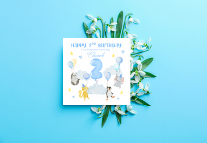 Personalised 2 Years Old 2nd Birthday Card for Toddler Boy - Sky Animal Design with Custom Name & Message - Age 2 Two years Old Birthday Card for Son, Grandson Nephew with Blue Envelope