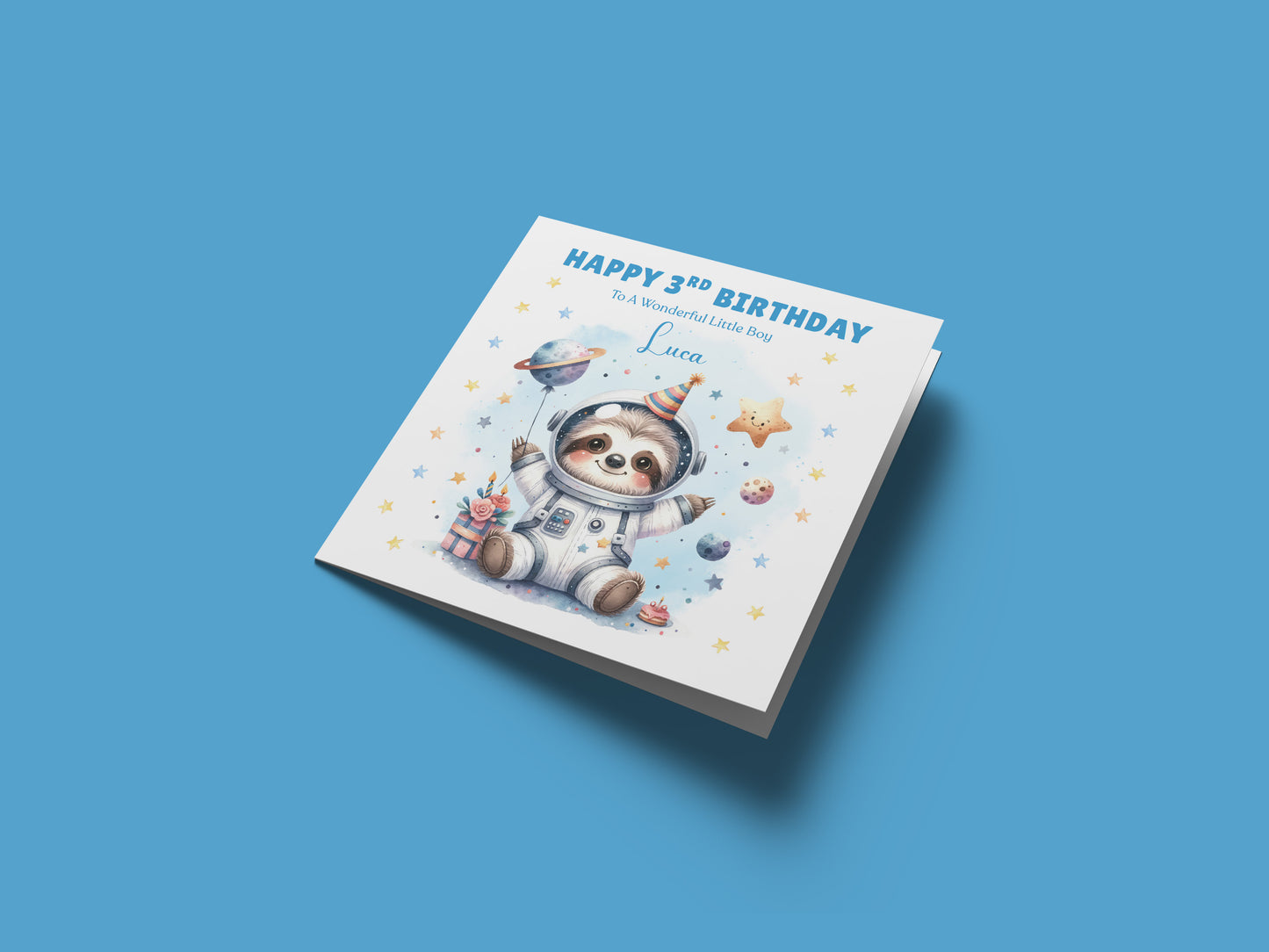 Personalised Age 3 Years Old 3rd Birthday Card for Toddler Boy – Space Sloth Astronaut Planets Animal Design with Custom Name & Message - For Little One, Son, Grandson Nephew with Blue Envelope