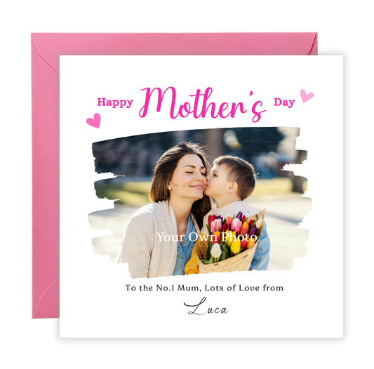 Personalised Photo Happy Mother's Day Card for Her, Mummy, Mama, Mum, Mother to be, Mum to be, Grandma, Wife from Children, Son, Daughter, Kids – Custom Name, Message & Photo -Pink Envelope Included