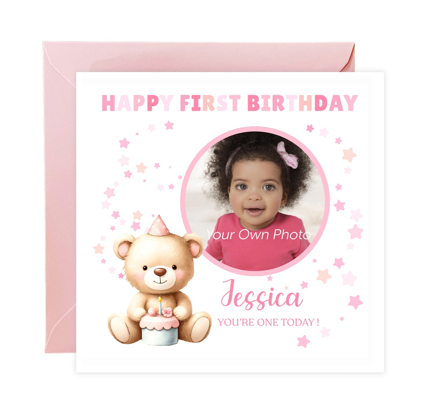 Personalised Photo 1st Birthday Card for Baby Girl – Cute Teddy Bear Design with Custom Photo and Name – One Year Old First Birthday Card for Daughter, Granddaughter, Niece – Pink Envelope Included