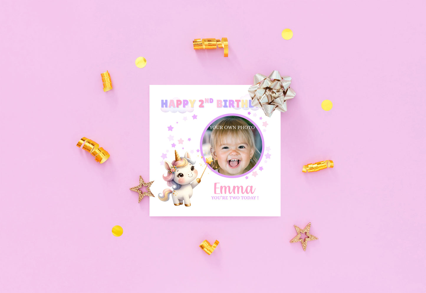 Personalised Photo 2 Years Old 2nd Birthday Card for Toddler Girl – Unicorn Design with Custom Photo & Name - Age 2 Year Old Birthday Card for Daughter, Granddaughter, Niece with Purple Envelope