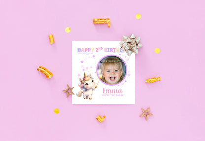 Personalised Photo 2 Years Old 2nd Birthday Card for Toddler Girl – Unicorn Design with Custom Photo & Name - Age 2 Year Old Birthday Card for Daughter, Granddaughter, Niece with Purple Envelope