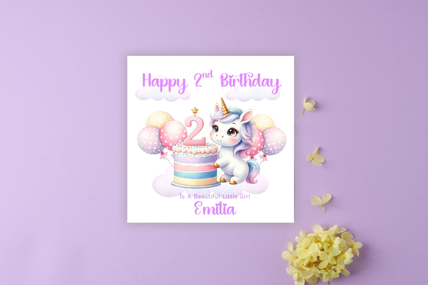 Personalised 2 Years Old 2nd Birthday Card for Toddler Girl – Unicorn Design with Custom Name & Message - Pastel Two years old Birthday Card for Daughter, Granddaughter, Niece with Purple Envelope
