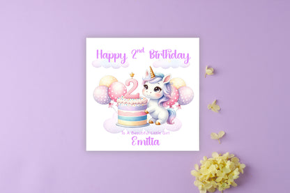 Personalised 2 Years Old 2nd Birthday Card for Toddler Girl – Unicorn Design with Custom Name & Message - Pastel Two years old Birthday Card for Daughter, Granddaughter, Niece with Purple Envelope