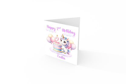 Personalised 2 Years Old 2nd Birthday Card for Toddler Girl – Unicorn Design with Custom Name & Message - Pastel Two years old Birthday Card for Daughter, Granddaughter, Niece with Purple Envelope