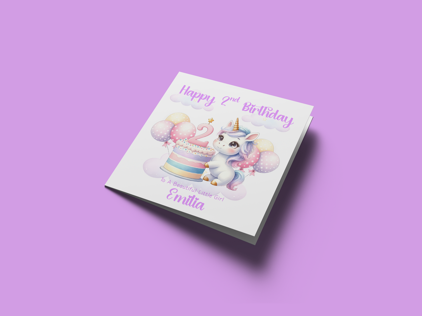 Personalised 2 Years Old 2nd Birthday Card for Toddler Girl – Unicorn Design with Custom Name & Message - Pastel Two years old Birthday Card for Daughter, Granddaughter, Niece with Purple Envelope