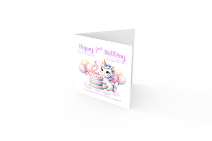 2 Years Old 2nd Birthday Card for Toddler Girl – Unicorn Design - Pink & Pastel Age 2 Two years old Birthday Card for Daughter, Granddaughter, Niece with Purple Envelope