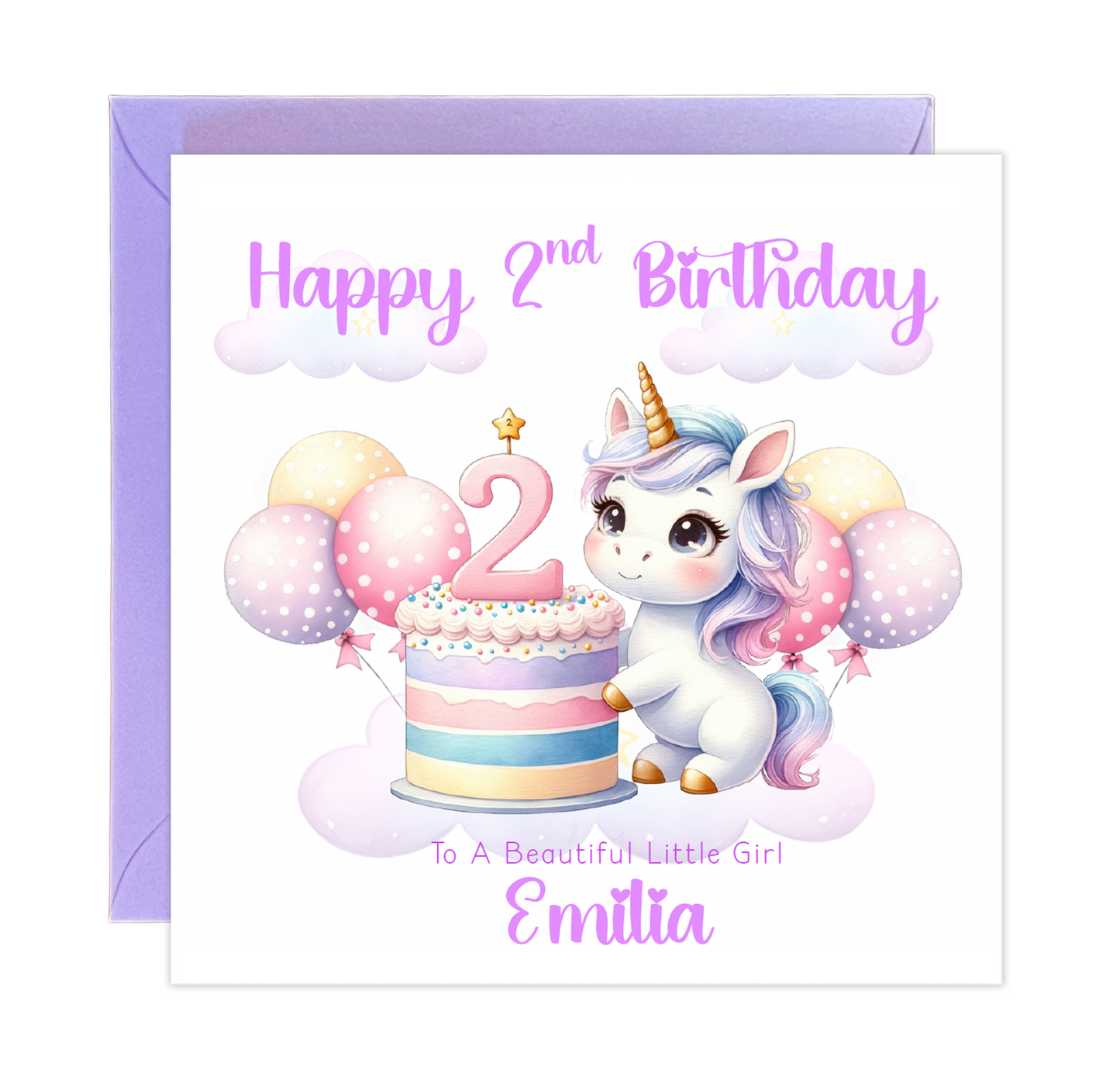 Personalised 2 Years Old 2nd Birthday Card for Toddler Girl – Unicorn Design with Custom Name & Message - Pastel Two years old Birthday Card for Daughter, Granddaughter, Niece with Purple Envelope