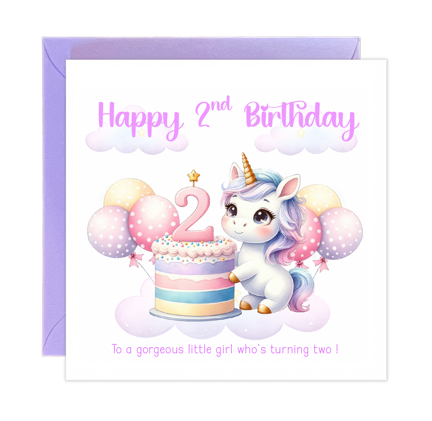 2 Years Old 2nd Birthday Card for Toddler Girl – Unicorn Design - Pink & Pastel Age 2 Two years old Birthday Card for Daughter, Granddaughter, Niece with Purple Envelope