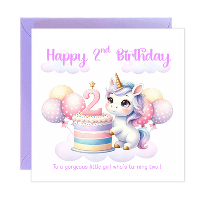 2 Years Old 2nd Birthday Card for Toddler Girl – Unicorn Design - Pink & Pastel Age 2 Two years old Birthday Card for Daughter, Granddaughter, Niece with Purple Envelope