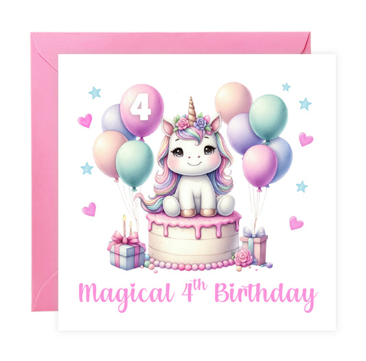 Magical 4th Birthday 4 Years Old 4th Birthday Card for Girls - Cute Unicorn Design  - Age 4 Magical Birthday Card for Girl, Kids, Children, Daughter, Granddaughter, Niece - Pink Envelope Included